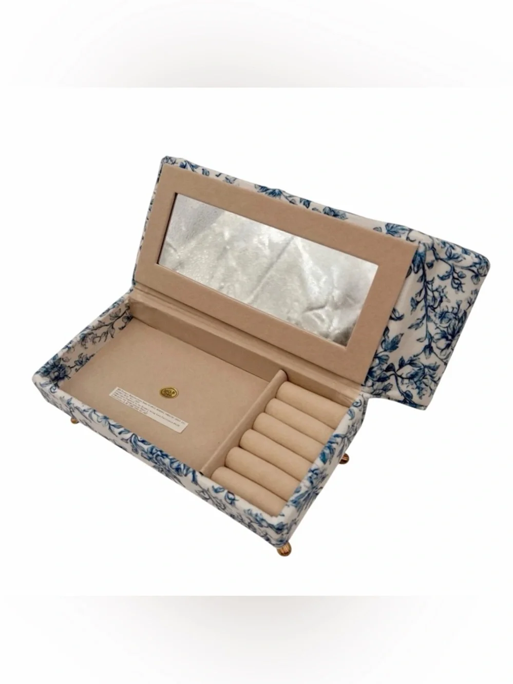 Blue White Floral Toile Sofa Jewelry Box Heart Back Miniature